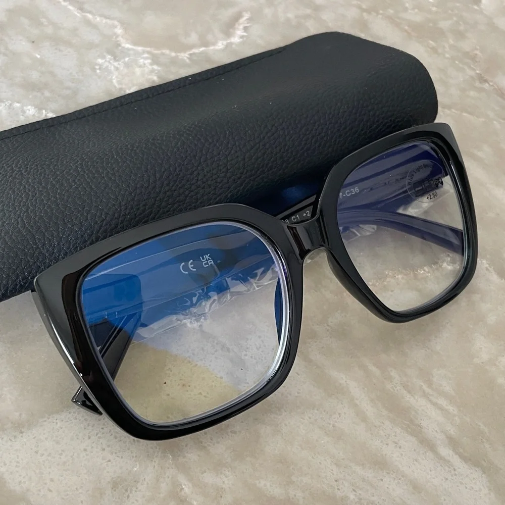 NEW 2.5 black frame readers blue light lens OVERSIZED soft bridge spring wbag